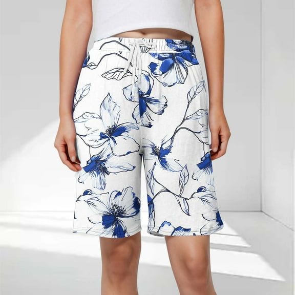 LEBONYARD Summer Clearance Womens Shorts,Women's Shorts with a Modern Twist,Women's Fashion Printed Casual Home Shorts with Elastic Waistband Drawstring and Side Pockets for Casual Wear Blue S