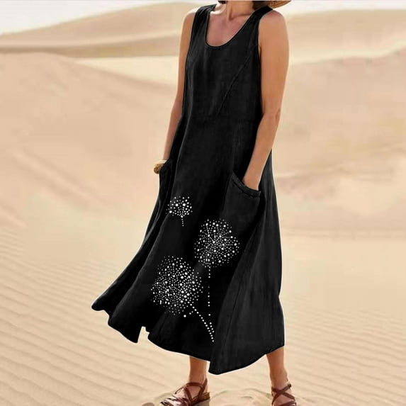 LEBONYARD Summer Dresses for Women 2024 Plus Size,New Women's Sleeveless Cotton and Linen Round Neck Printed Long Dress Black M