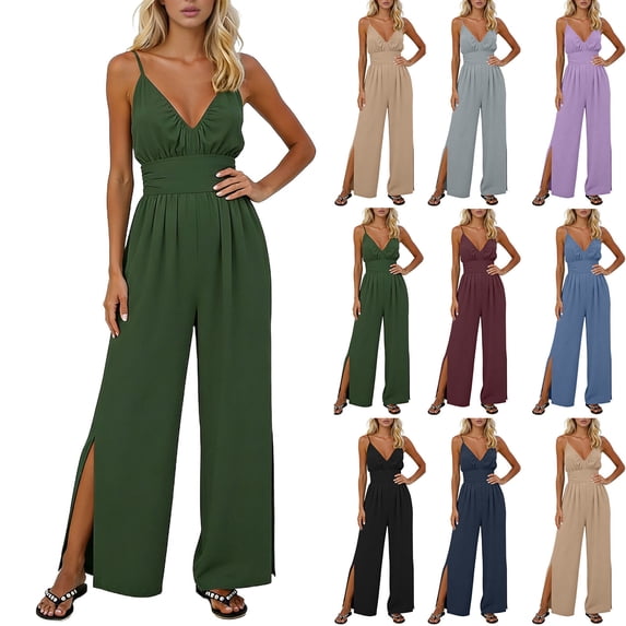 LEBONYARD Summer Rompers for Women,Women's V-Neck Jumpsuit with Adjustable Straps Side Slits and Pockets Red XXL