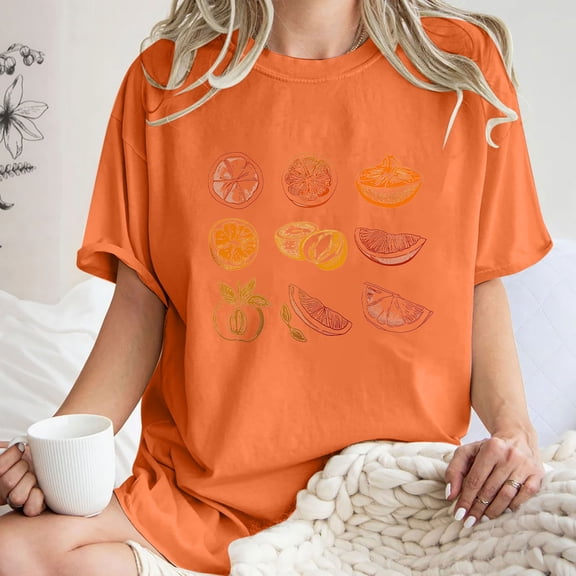 LEBONYARD Summer Shirts for Women,Women's Fashion Summer Round Neck Drop Sleeves Leisure Short Sleeve Fruit Printing Tops Orange S