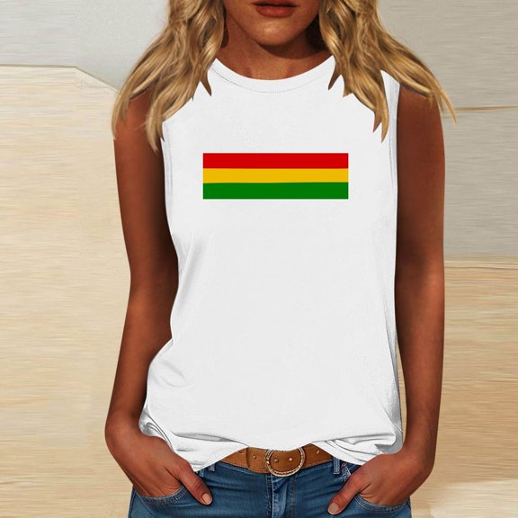 LEBONYARD Summer Sleeveless Tops for Women Trendy Loose Fit,Women's Casual Independence Day Sleeveless Round Neck Top White M