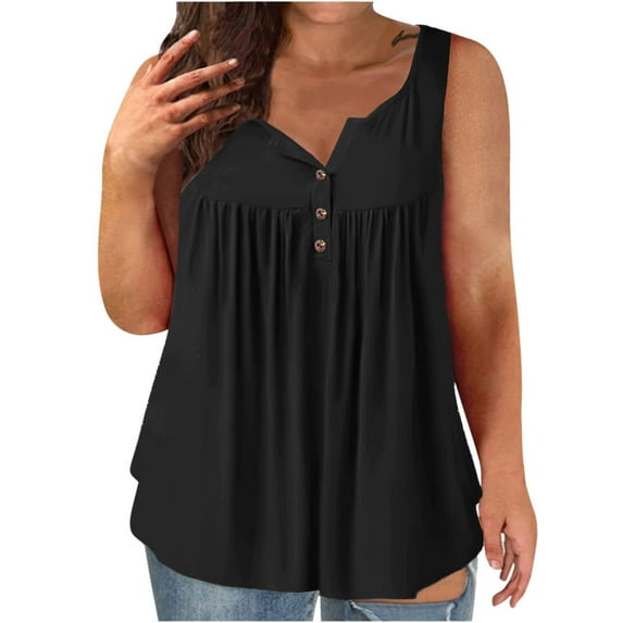 LEBONYARD Summer Tank Tops for Women,Womens Tank Summer Solid Sleeveless Flared Trendy Casual Blouse Button Tunic Shirt Tops Black XXXXL