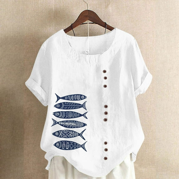Spring Tops for Women 2025 LEBONYARD Summer Tops for Women 2025,Short Sleeve Shirts for Women,Women Cotton and Linen Top Ocean Fish Printed Short Sleeve Button Tunic T-shirt Blouse Tops White XXXL