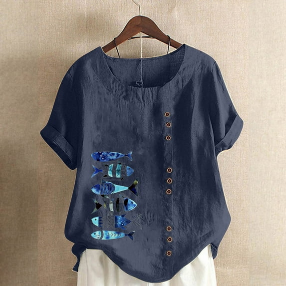 LEBONYARD Summer Tops for Women Plus Size,Women Casual Cotton and Linen Top Ocean Fish Printed Short Sleeve Button Tunic T-shirt Blouse Tops Navy L