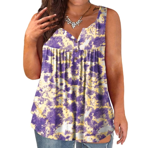 LEBONYARD Summer Womens Tank Tops,blouses for women plus size,Womens Tank Summer Printed Sleeveless Flared Trendy Casual Blouse Button Tunic Shirt Tops Purple XL