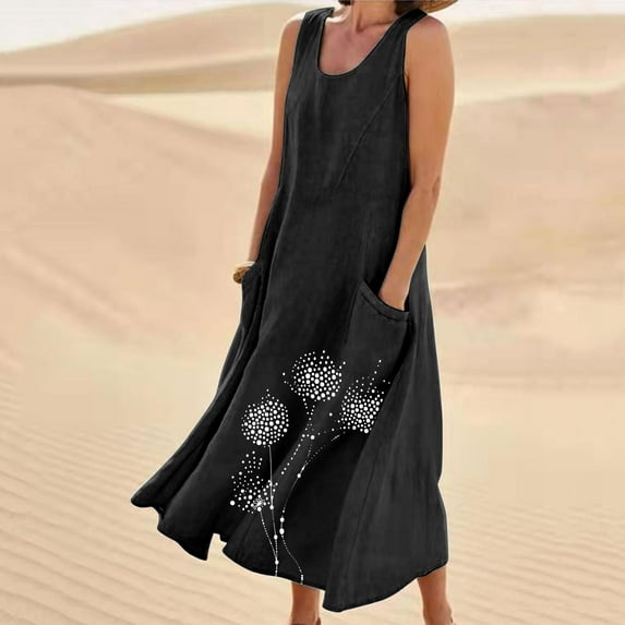 LEBONYARD Sundresses for Women 2024,New Women's Sleeveless Cotton and Linen Round Neck Printed Long Dress Black L