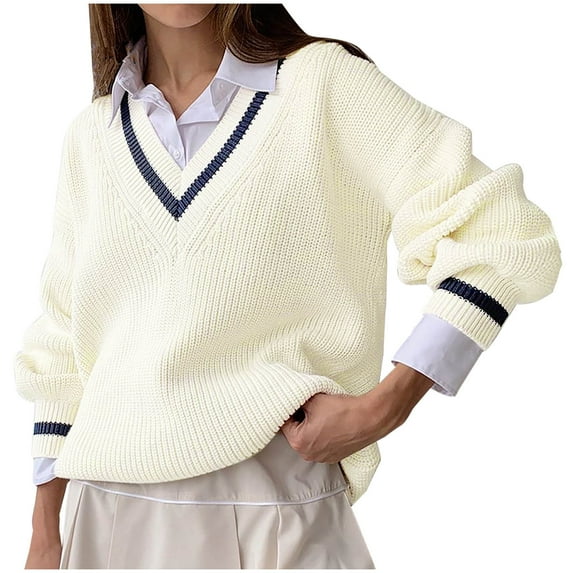 Going Out Tops for Women LEBONYARD Sweaters for Women Clearance $5.00,Womens Lightweight Sweaters up to 50% off,Women's Fashion Long Sleeves Solid V-Neck Pullover Tops Blouse Knitted Sweater White S