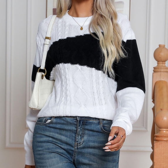 LEBONYARD Sweaters for Women Clearance $5.00,Womens Lightweight Sweaters up to 50% off,Women's Multi Color Round Neck Sweater Fashion Casual Pullover Long Sleeve Knit White L