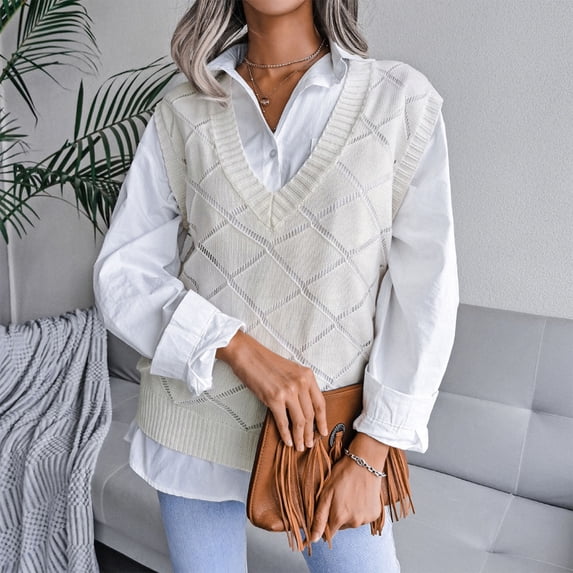 LEBONYARD Sweaters for Women,Fashion Women Casual V-Neck Hollow Diamond Knitted Vest Sweater Vest White L