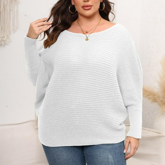 LEBONYARD Sweaters for Women,Womens Large Size Solid Color Long Sleeve Double Knit Lightweight Sweaters Pullover Casual Tops White M