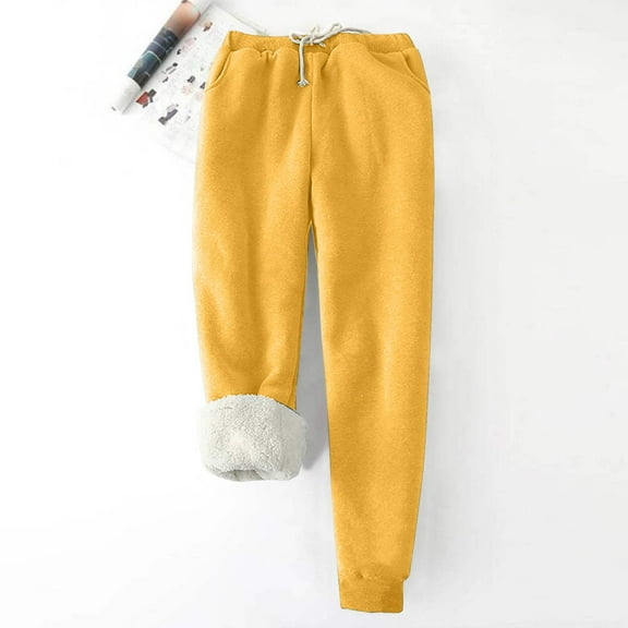 LEBONYARD Sweatpants for Women Plus Size with Pockets,Plus Size Pants for Women,Women's Solid Color Fleece Pockets Plus-Size Bandage Elastic Waist Wei Pants Casual Harun Leggings Yellow L