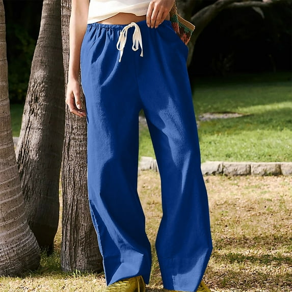 LEBONYARD Sweatpants for Women Clearance,Women's Solid and Linen Drawstring Loose Casual Wide Leg Pants Blue L