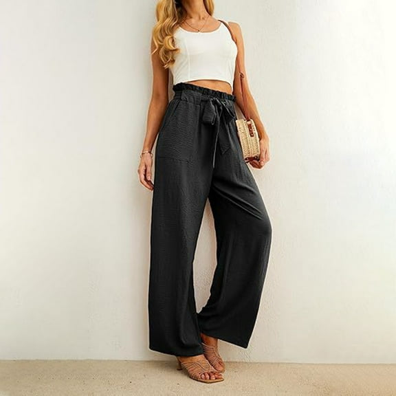 LEBONYARD Sweatpants for Women Plus Size,Womens Trouser Pants,Women's Loose Casual and Comfortable Solid Color Flower Bud Waist Strap Pants Black M