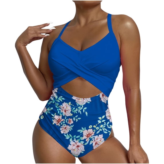 LEBONYARD Swimsuits for Women 2024,Women's New Sexy Big Size Hanging Neck Strap Backless Swimsuit Blue S