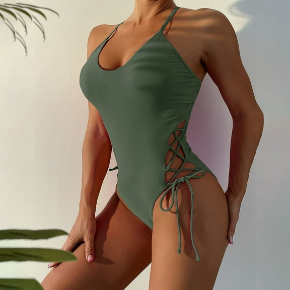 LEBONYARD Swimwear for Women,Fashion Women's Solid Color Drawstring Conservative Backless High Waist Swimsuit Army Green M