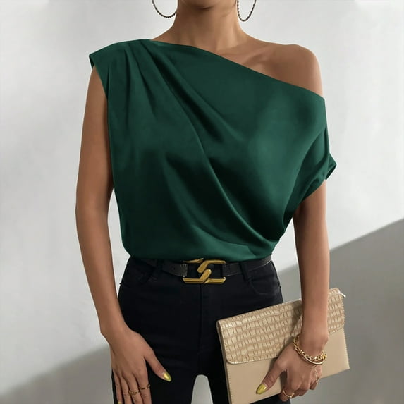 LEBONYARD Tank Tops for Women,white blouses for women dressy 50% off clear,Womens Fashion Summer Short Sleeve Skew Collar Solid Casaul Tops T-shirt Green XXL