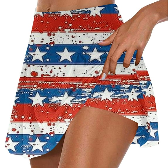 LEBONYARD Tennis Skirts Clearance,Women's Stylish Flowy Yoga Skirt Shorts,Women's Summer Independence Day Pleated Tennis Skirts Stretchy Short Yoga Fake Two Piece Trouser Skirt Shorts White S