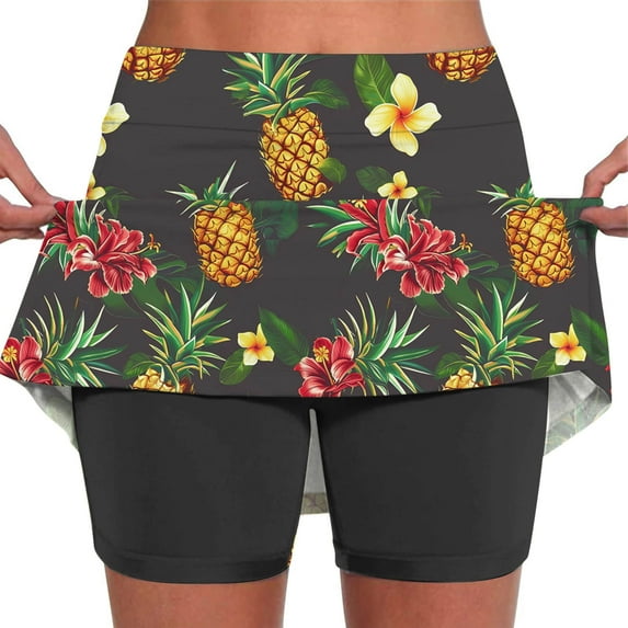 LEBONYARD Tennis Skirts for Women with Shorts,Women's Breathable Yoga Skirt Shorts,Women's Summer Flower Print Pleated Tennis Skirts Stretchy Yoga Fake Two Piece Shorts Skirt Black S
