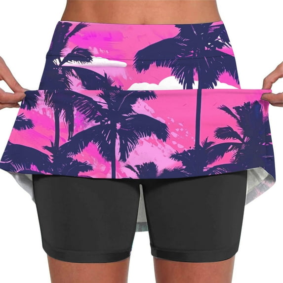 LEBONYARD Tennis Skirts for Women,Women's Layered Yoga Skirt with Shorts,Women's Summer Leaf Print Pleated Tennis Skirts Stretchy Yoga Fake Two Piece Shorts Skirt Hot Pink M