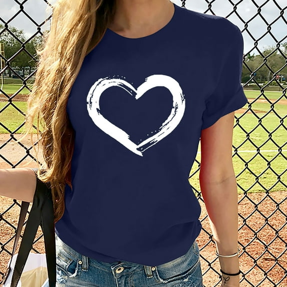 LEBONYARD Tops for Women 2024,Women Short Sleeves Crewneck Heart-shaped Print Casual Tops Blouse T-shirt Navy M
