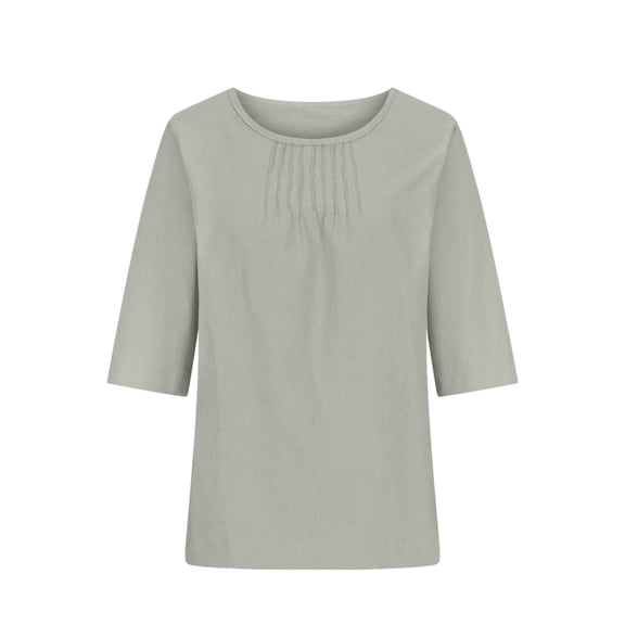 LEBONYARD Tops for Women 2024,Women's Solid Color Loose Round Neck Middle Sleeve Folded Cotton Linen Shirt Top Gray S
