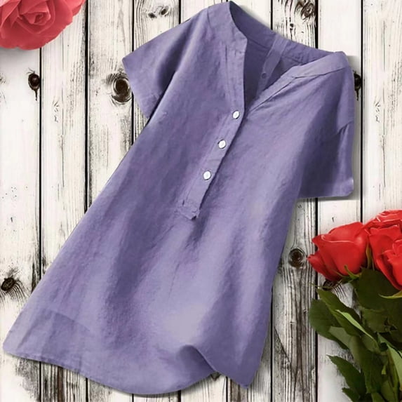LEBONYARD Tops for Women 2024,Women's V-Neck Short Sleeve Loose Button Cotton and Linen Tunic Shirts Summer Shirts Blouse Purple XXXL