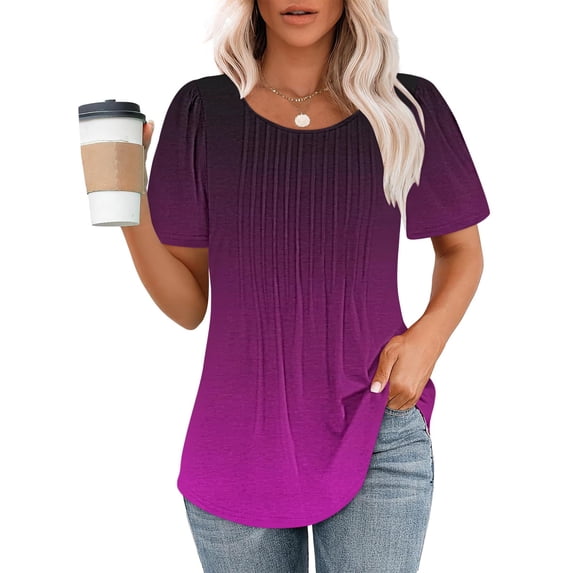 LEBONYARD Tops for Women Trendy,Fashionable Women's Casual Short Sleeved Loose Round Neck Printed Top Purple XL