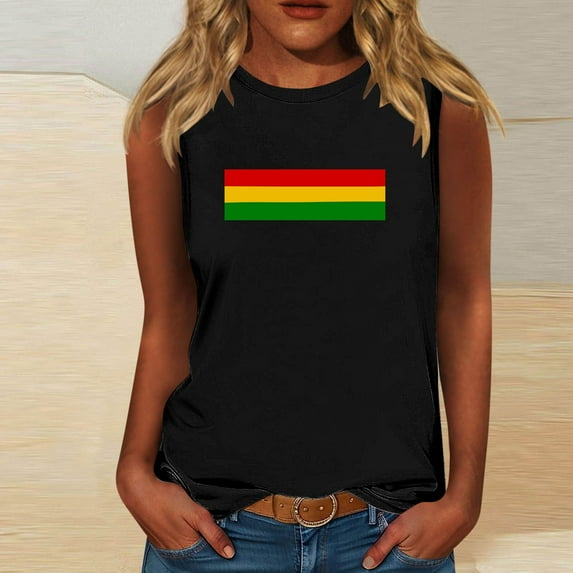 LEBONYARD Tops for Women Trendy Plus Size,Women's Casual Independence Day Sleeveless Round Neck Top Black XL
