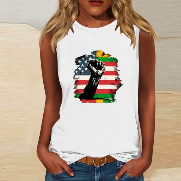 LEBONYARD Tops for Women Trendy Summer,Women's Casual Independence Day Sleeveless Round Neck Top White L