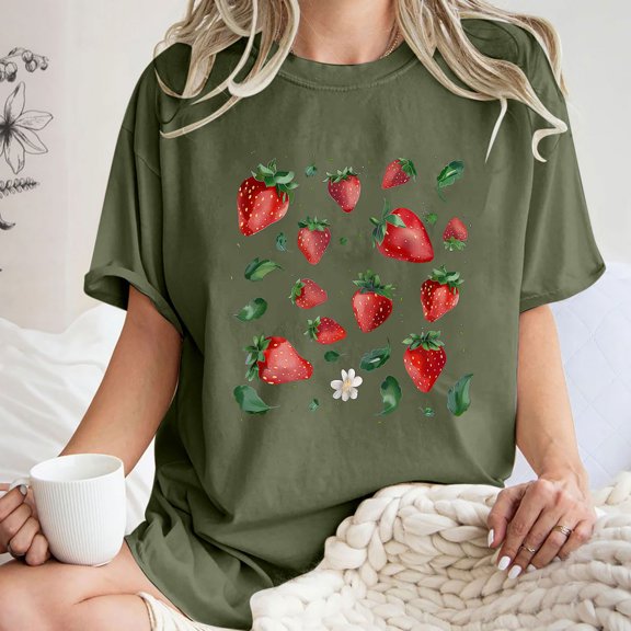 LEBONYARD Tops for Women Trendy Summer,Women's Fashion Summer Round Neck Drop Sleeves Leisure Short Sleeve Fruit Printing Tops Army Green S