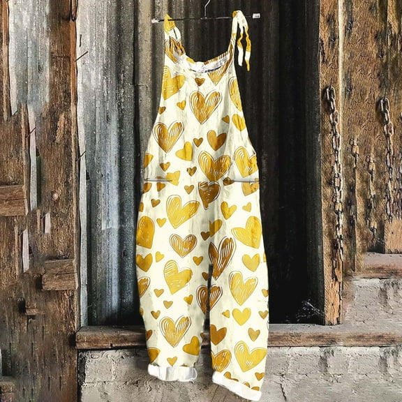 LEBONYARD Trendy Women's Jumpsuit with Straps,Women Ladies Printed Sleeveless Backless Loose Long Playsuits Rompers Jumpsuit with Pocket Yellow M