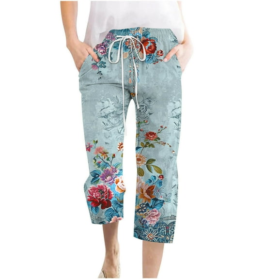 LEBONYARD Trousers for Women High Waisted,Women Casual Pants Straight Leg Retro Leaf Pants Drawstring Elastic Waist Loose Comfy Trousers with Pockets Multicolor S