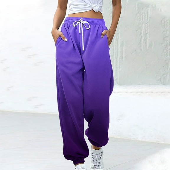 LEBONYARD Trousers for Women High Waisted,Womens Pants Clearance under $10,Women Gradient Fashion Sports Loose Casual Wide Leg Drawstring Pocket Sweatpants Long Pants Purple S