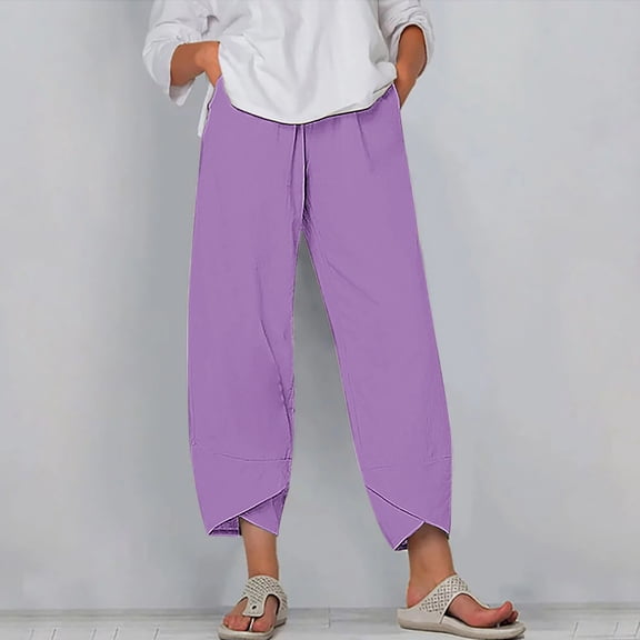 LEBONYARD Trousers for Women High Waisted,Womens Pants Plus Size Clerance Elastic Waist,Women's Summer Comfortable Loose Wide Legged Fashion Solid Color Capris Purple M