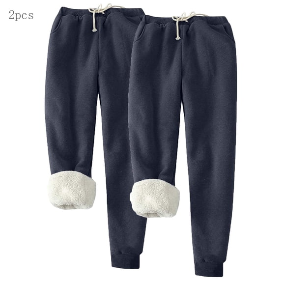 LEBONYARD Trousers for Women Plus Size,Womens Trousers with Pockets,2PCS Women's Solid Color Fleece Pockets Plus-Size Bandage Elastic Waist Wei Pants Casual Harun Leggings Navy M