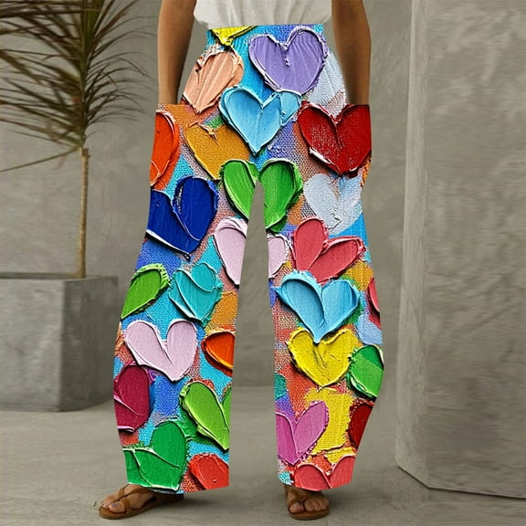 LEBONYARD Trousers for Women Plus Size,Womens Trousers with Pockets,Women Casual Printing Pockets Elastic Mid-Waist Comfortable Wide-Legged Loose Pants Multicolor S