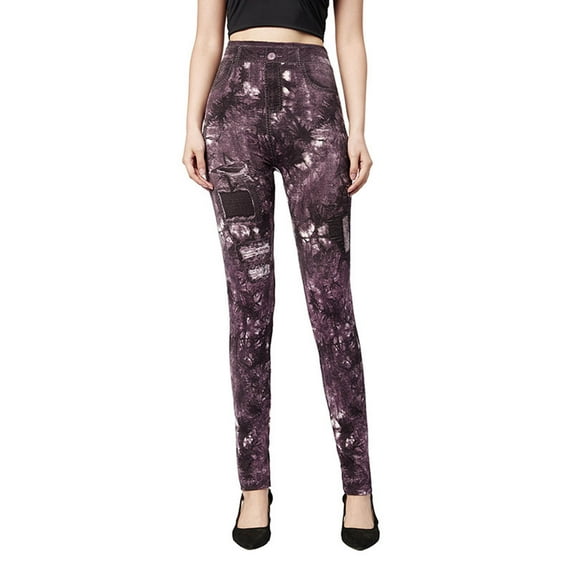 LEBONYARD Trousers for Women Plus Size,Women's Fashion Elastic Imitation Denim Print Leggings with Yoga Sport Elastic Pants Purple S