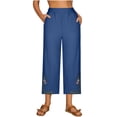 thumbnail image 1 of LEBONYARD Ultra-Comfy Women's Capri Pants for All-Day Comfort,Women's Fashionable Solid Color Linen Embroidery Flower Loose Casual Trousers Navy L, 1 of 6