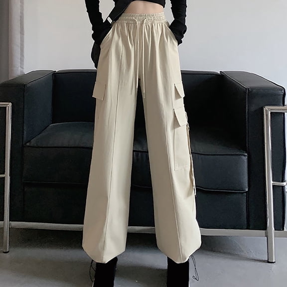 LEBONYARD Wide Leg High Waist for Women,Women's Mid-waist Pocket Overalls Casual Pants In Spring and Summer White L