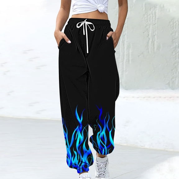LEBONYARD Wide Leg Pants Clearance,Plus Size Womens Pants Clearance,Women's Fashion Flame Print Comfortable Casual Loose High Waist Drawstring Waistband Sweatpants Black XL