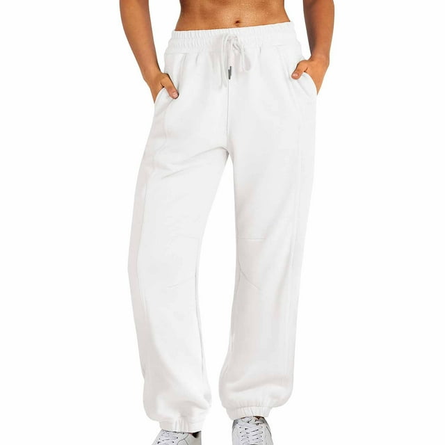 LEBONYARD Wide Leg Pants Woman Linen Pants,Pants for Women Clearance,Women Sweatpants Baggy Loose Mid Rise Fleece Workout Active Long Jogger Sweat Pants with Pockets White XXL