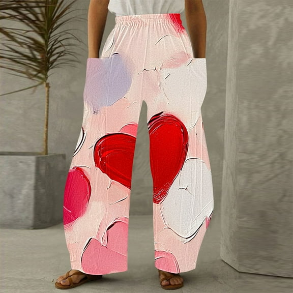 LEBONYARD Wide Leg Pants Woman Linen Pants,Women Casual Printing Pockets Elastic Mid-Waist Comfortable Wide-Legged Loose Pants Multicolor S