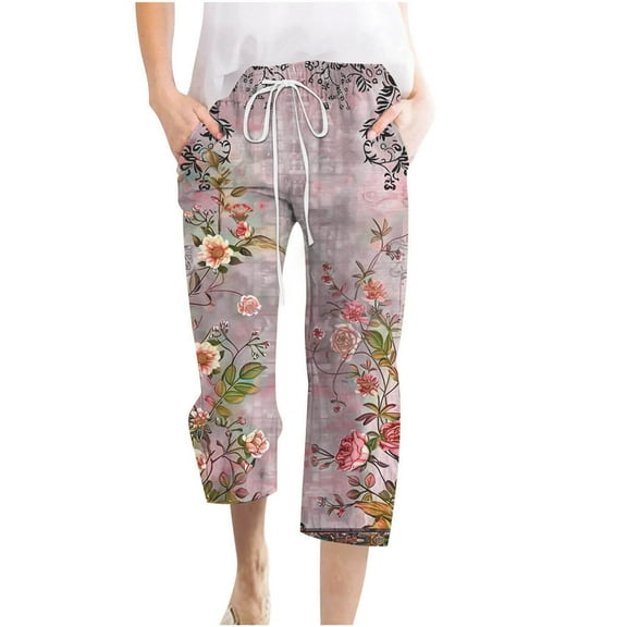 LEBONYARD Wide Leg Pants for Women Plus Size,Women Casual Pants Straight Leg Retro Leaf Pants Drawstring Elastic Waist Loose Comfy Trousers with Pockets Pink M