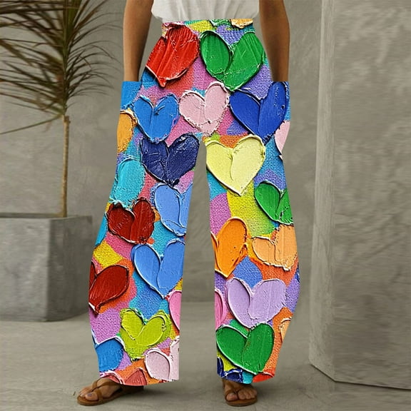 LEBONYARD Wide Leg Pants for Women,Womens Trousers High Waisted,Women Casual Printing Pockets Elastic Mid-Waist Comfortable Wide-Legged Loose Pants Multicolor M