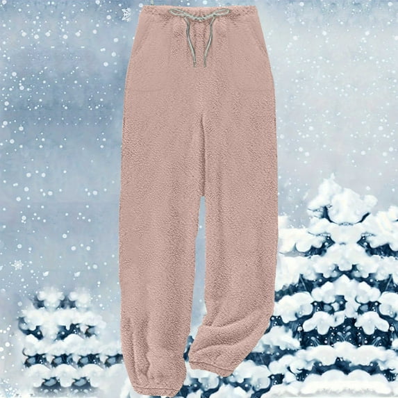 LEBONYARD Wide Leg Pants for Women Plus Size,Women's Winter Solid Color Pants Comfortable Home Drawstring Pants Pocket Leg Tights Pink S