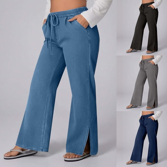 LEBONYARD Wide Leg Sweatpants,Women's Fashion Plus Size Pull Rope Wide Legs fork High Waisted Pocket Full Length Pants Blue XL