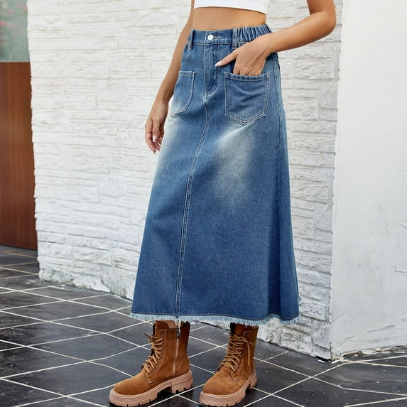 LEBONYARD Woman's Cotton Eyelet Tiered Midi Skirt with Elastic Waistband,Women's Spring/summer Denim Casual Wear Pocket Skirt Casual Mid Length Skirt Blue XXL