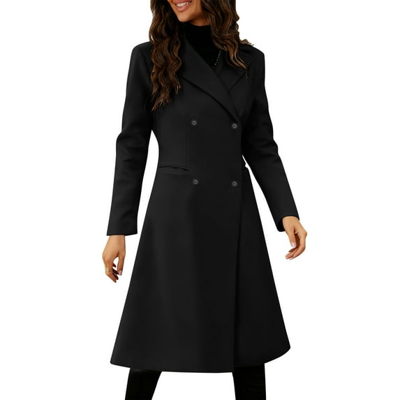 LEBONYARD Woman's Trendy Lapel Collar Solid Colored Long Sleeve Chic Double Breasted Slim Warm Fitting Pocket Fall Winter Outerwear Jacket Coats