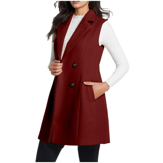 LEBONYARD Woman's Trendy Lapel Collar Solid Colored Sleeveless Button Coat Casual Long Length Loose Warm Fitting Pocket Outerwear Jacket Coat