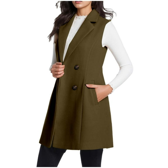 LEBONYARD Woman's Trendy Lapel Collar Solid Colored Sleeveless Button Coat Casual Long Length Loose Warm Fitting Pocket Outerwear Jacket Coat